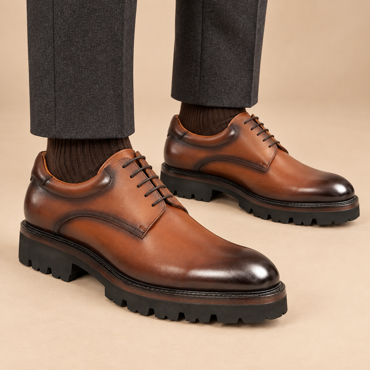 Brown Plain-Toe Calf Leather Derby Shoes