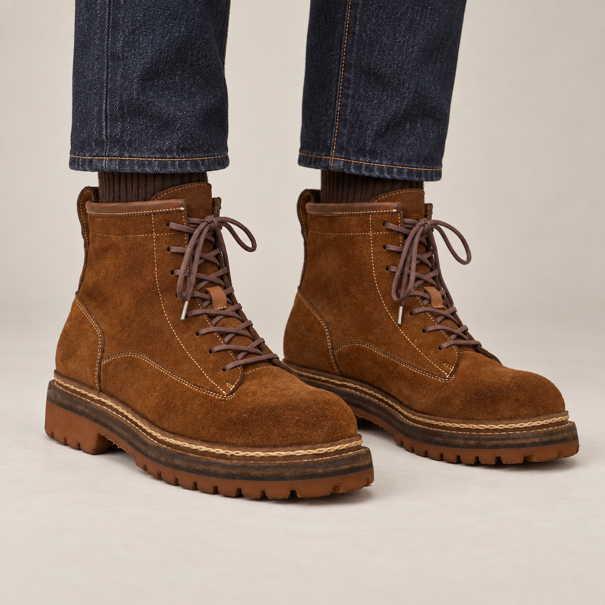 Brown Plain-Toe Horsehide Lace-Up Boots