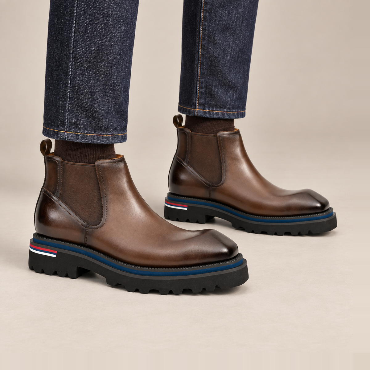 Brown Square-Toe Calf Leather Chelsea Boots