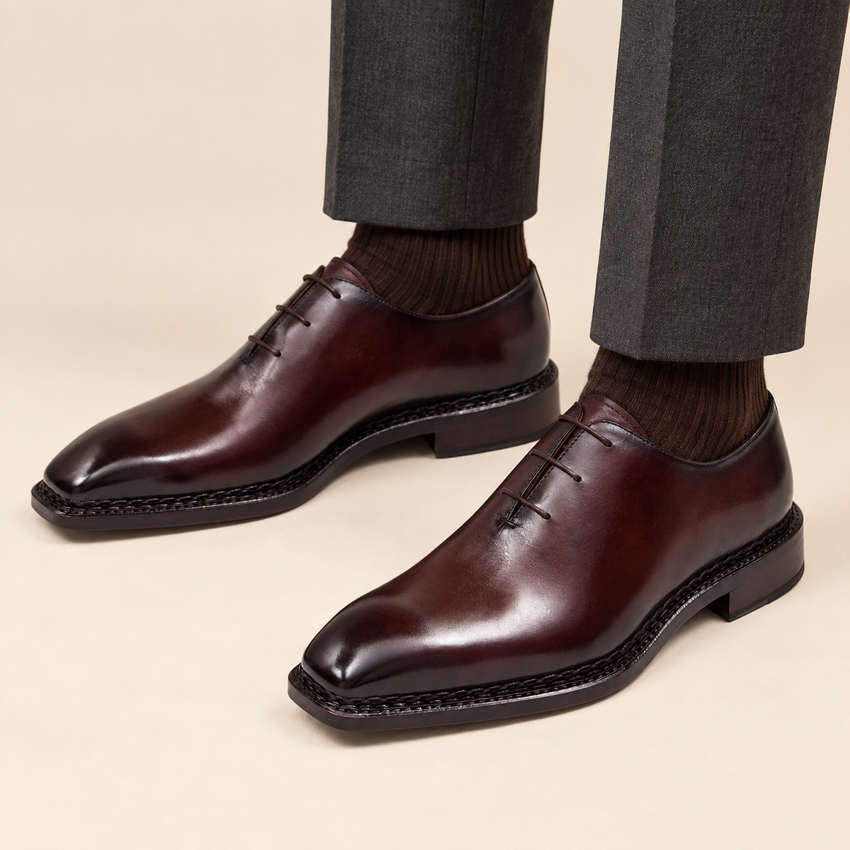 Brown Square-Toe Calf Leather Oxford Shoes