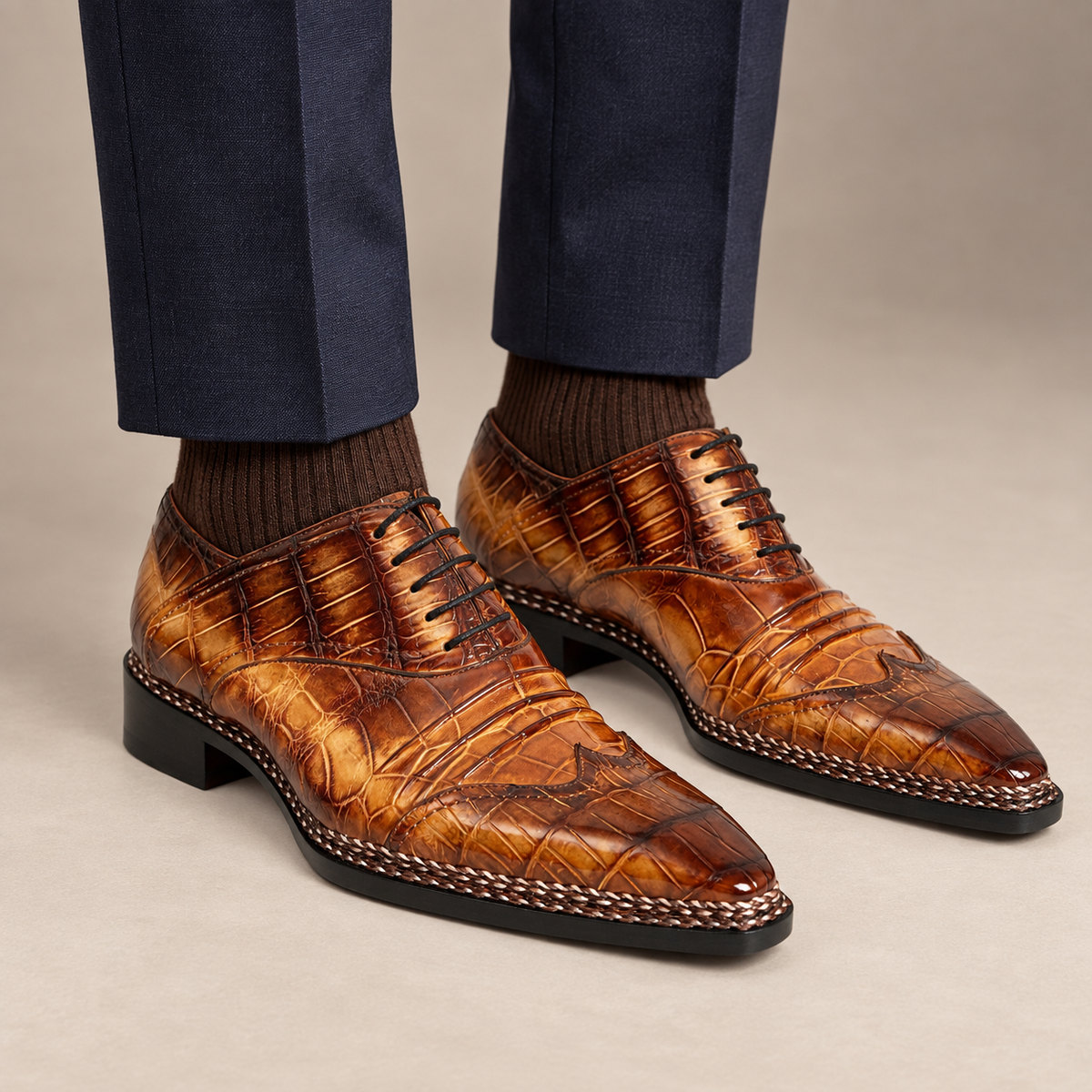 Brown Square-Toe Crocodile Leather Oxford Shoes