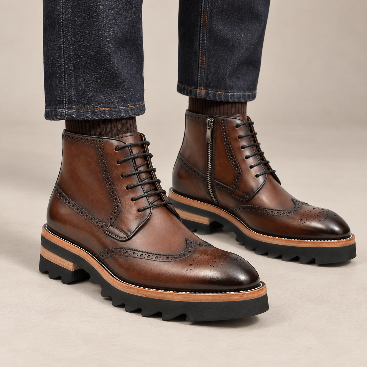 Brown Wingtip Calf Leather Ankle Boots