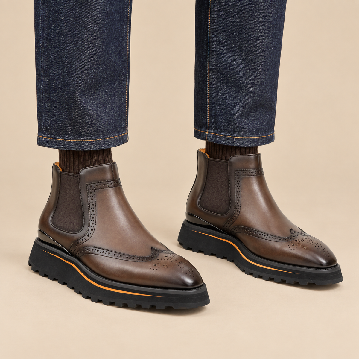 Brown Wingtip Calf Leather Chelsea Boots