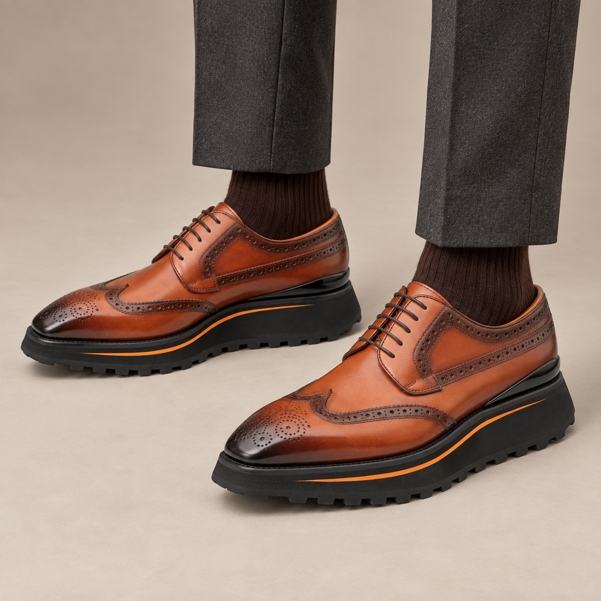 Brown Wingtip Calf Leather Derby Shoes