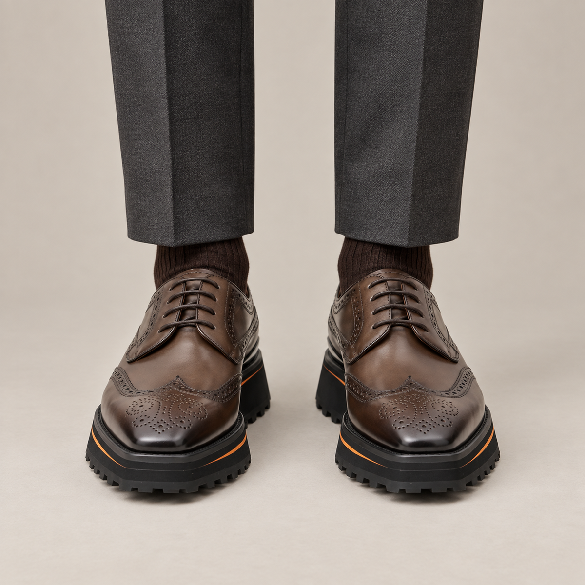 Brown Wingtip Calf Leather Derby Shoes
