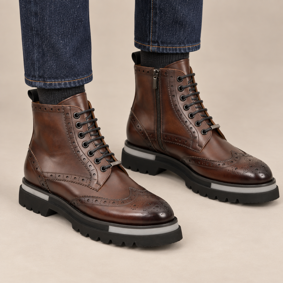 Brown Wingtip Cow Leather Ankle Boots