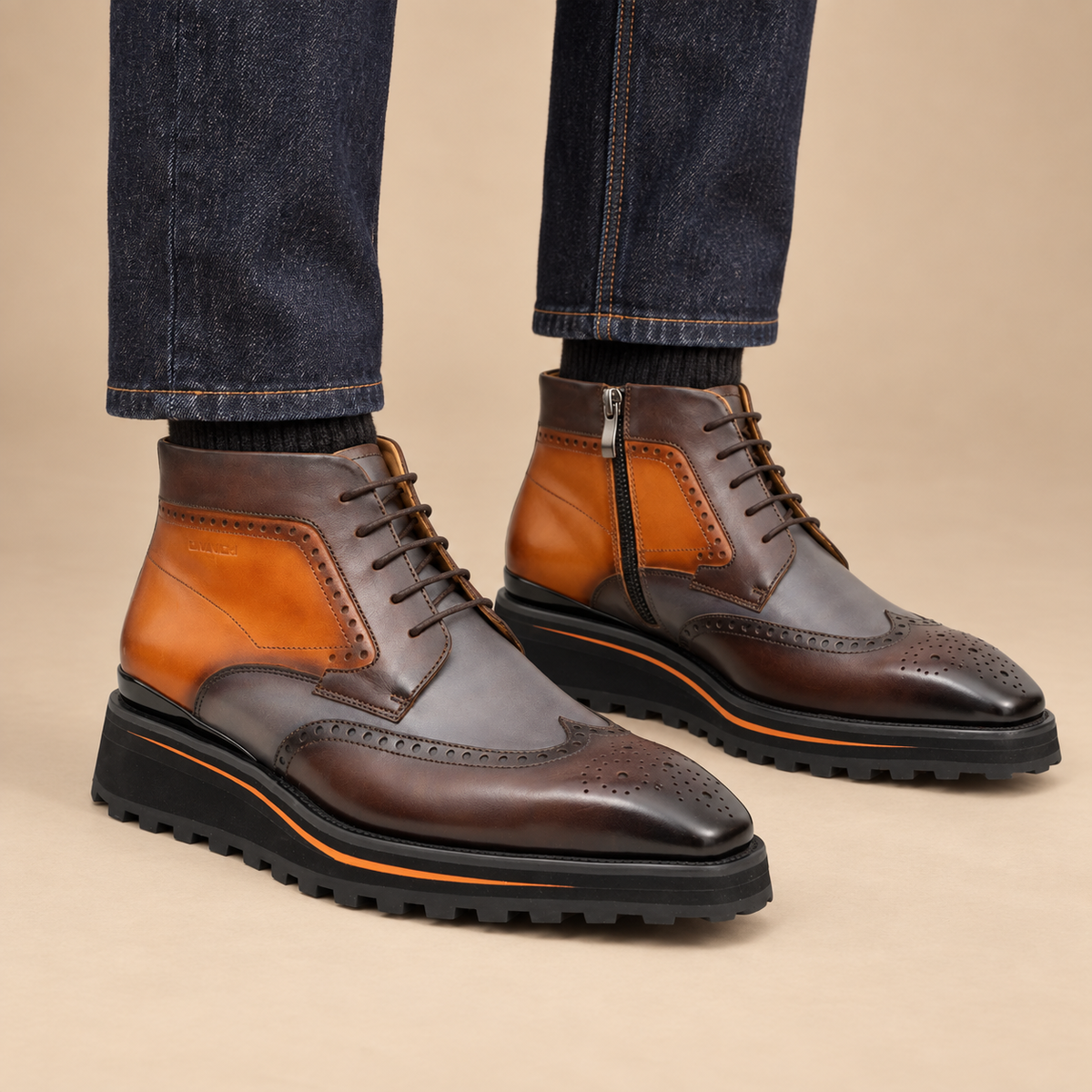 Brown Wingtip Cow Leather Ankle Boots