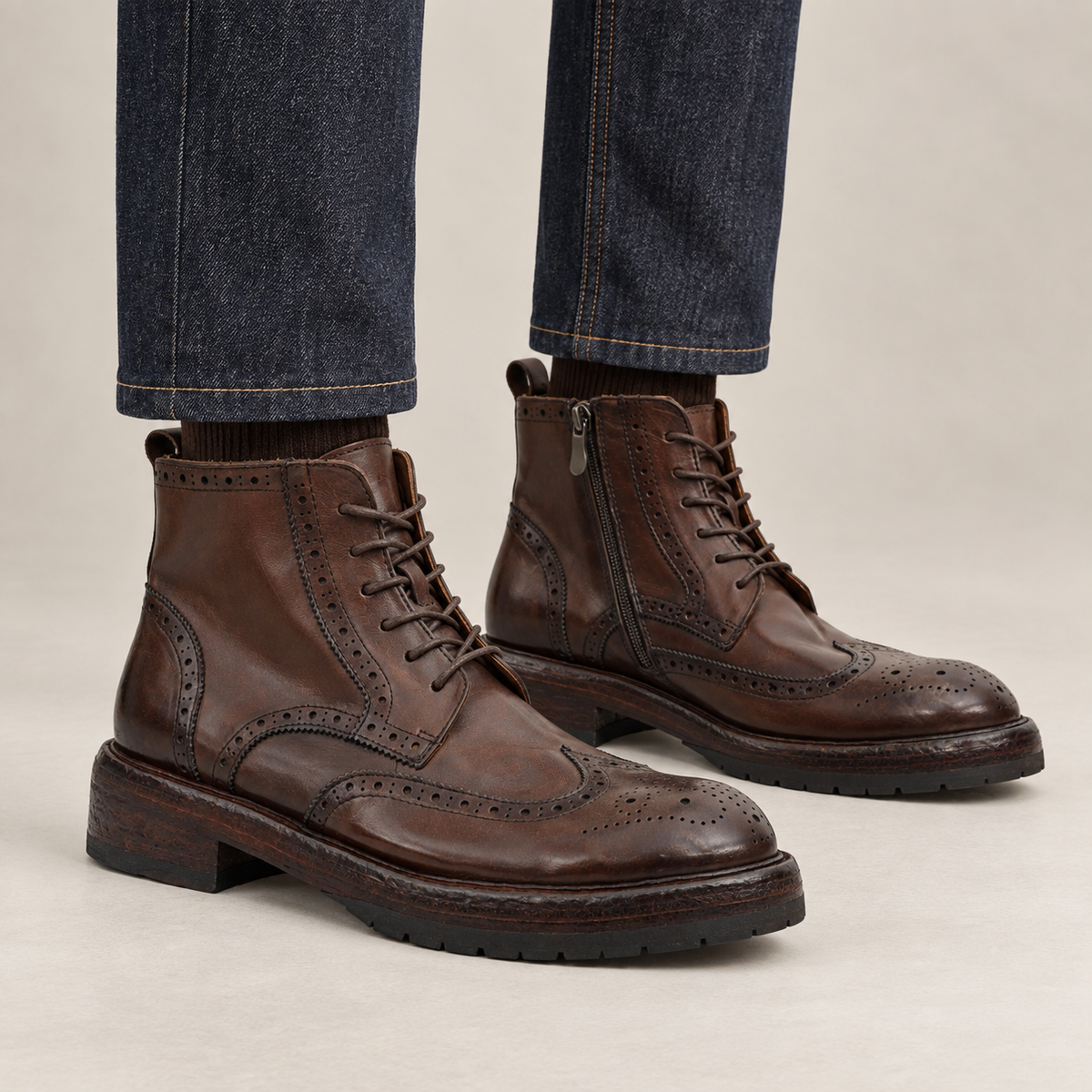 Brown Wingtip Cow Leather Ankle Boots