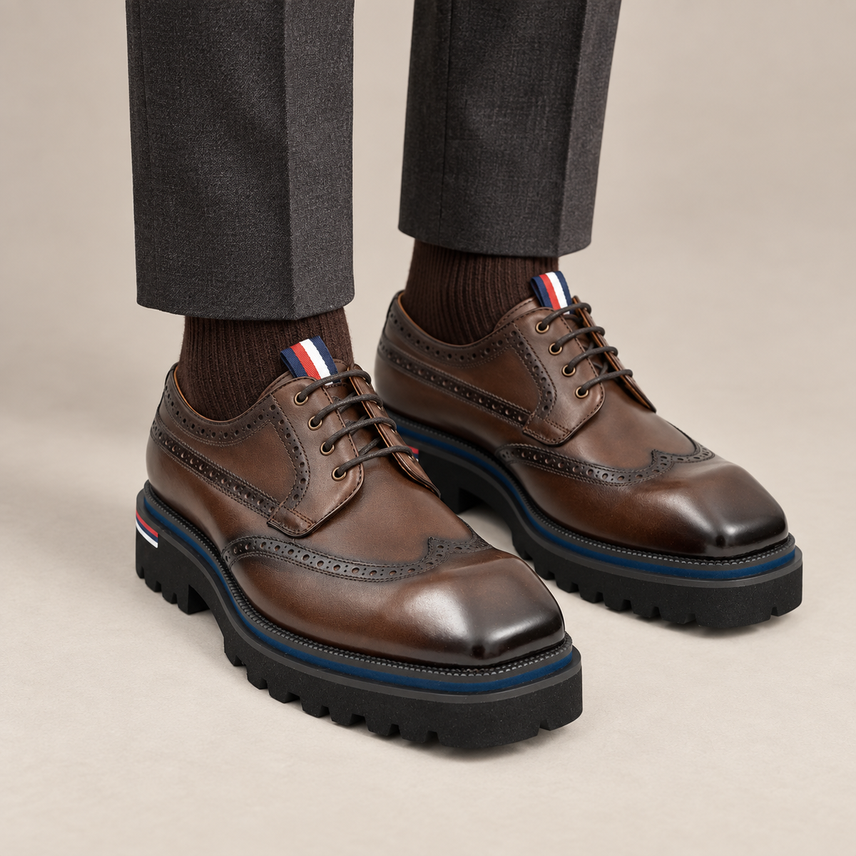 Brown Wingtip Cow Leather Derby Shoes