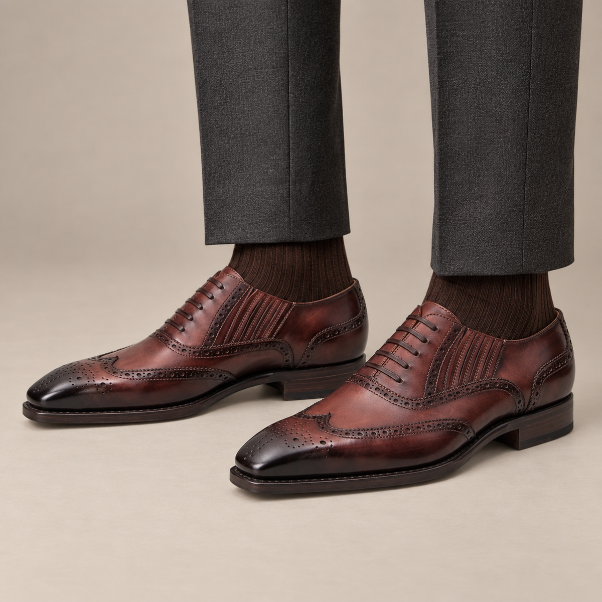 Brown Wingtip Cow Leather Oxford Shoes