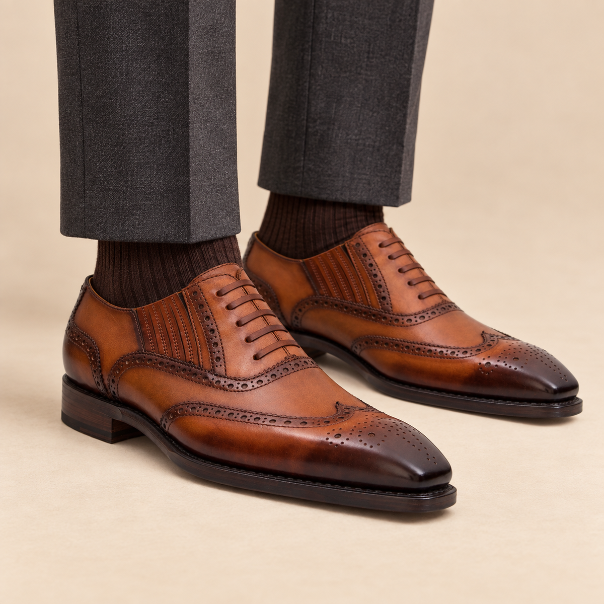 Brown Wingtip Cow Leather Oxford Shoes