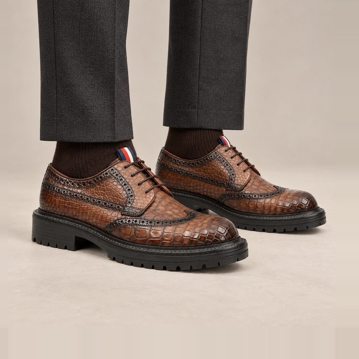 Brown Wingtip Crocodile Leather Derby Shoes