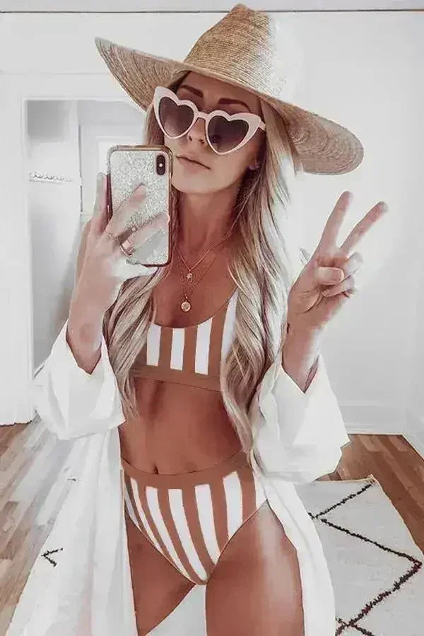 Brown Athletic Striped Tank Sport High Waist Swimwear