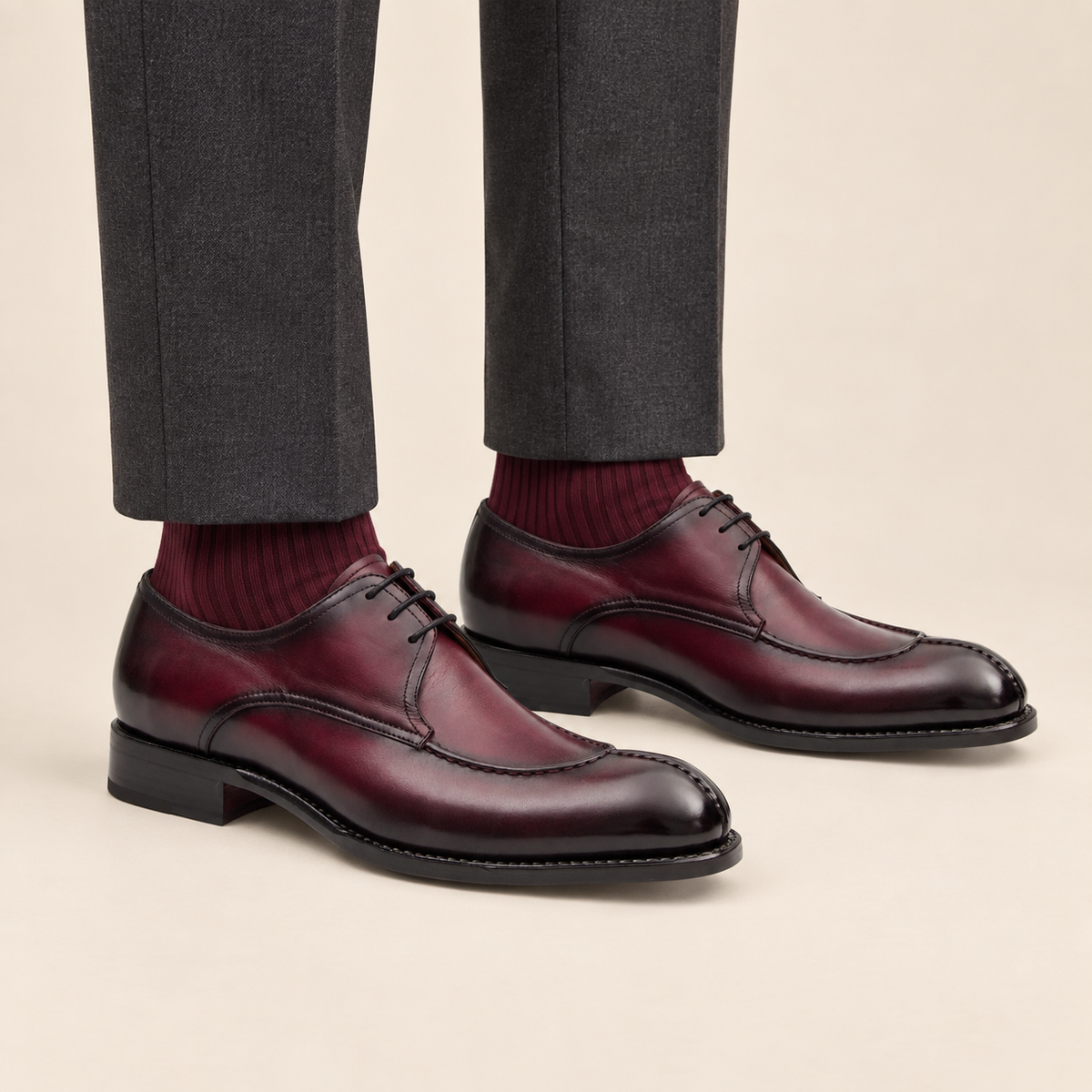 Burgundy Apron-Toe Cow Leather Derby Shoes