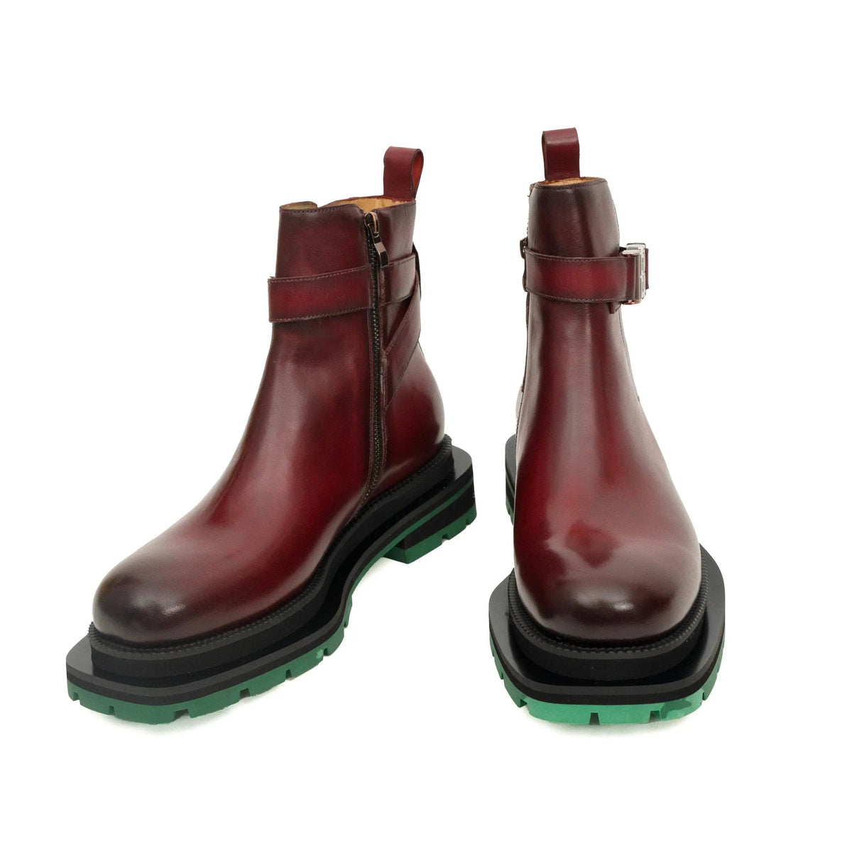 Burgundy Plain-Toe Calf Leather Buckle Ankle Boots