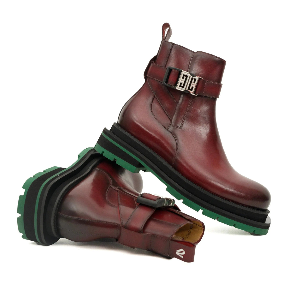Burgundy Plain-Toe Calf Leather Buckle Ankle Boots