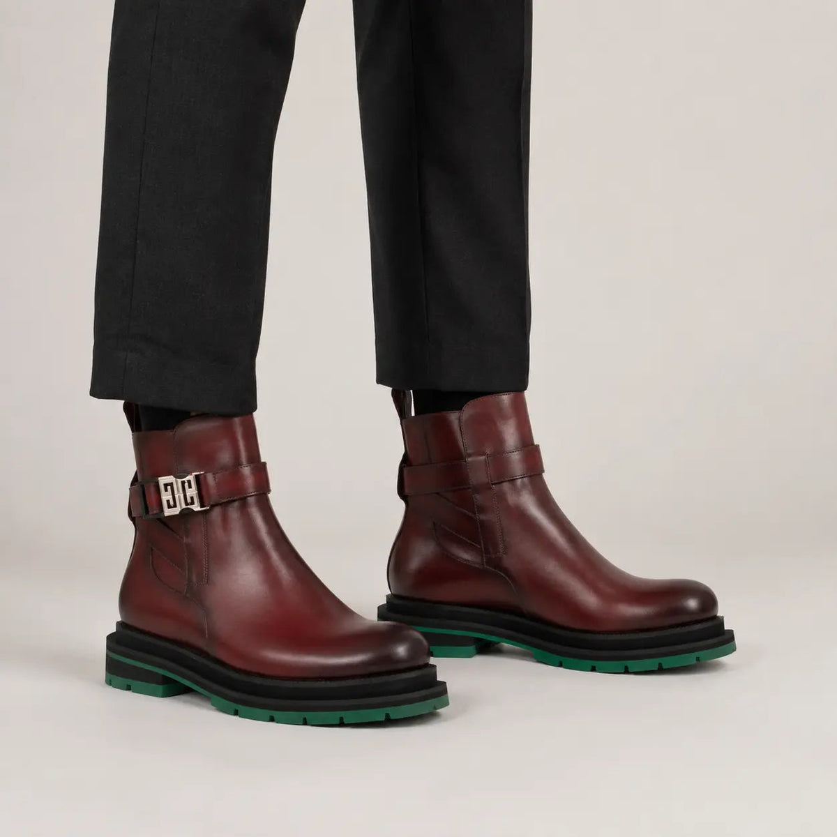 Burgundy Plain-Toe Calf Leather Buckle Ankle Boots