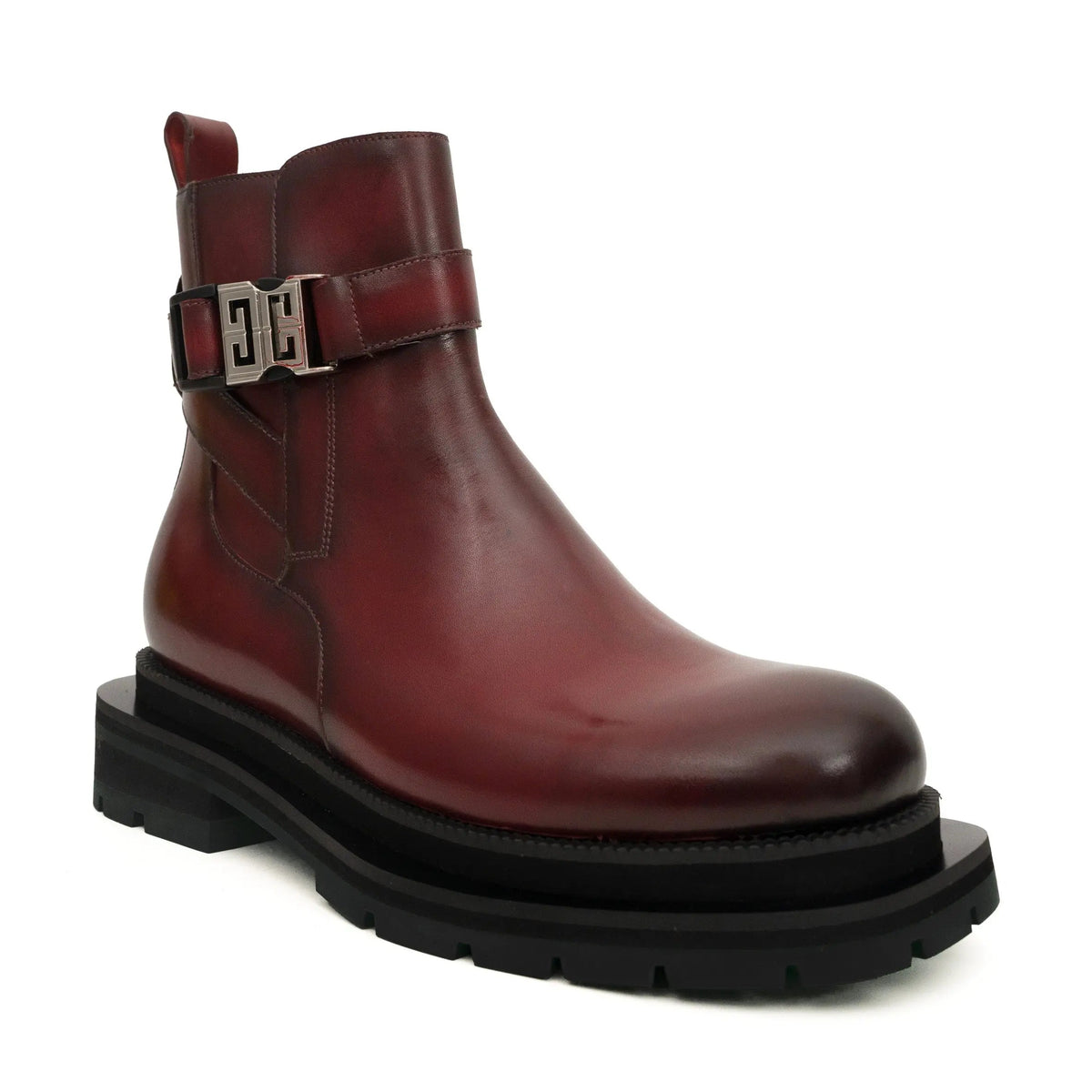 Burgundy Plain-Toe Calf Leather Buckle Ankle Boots