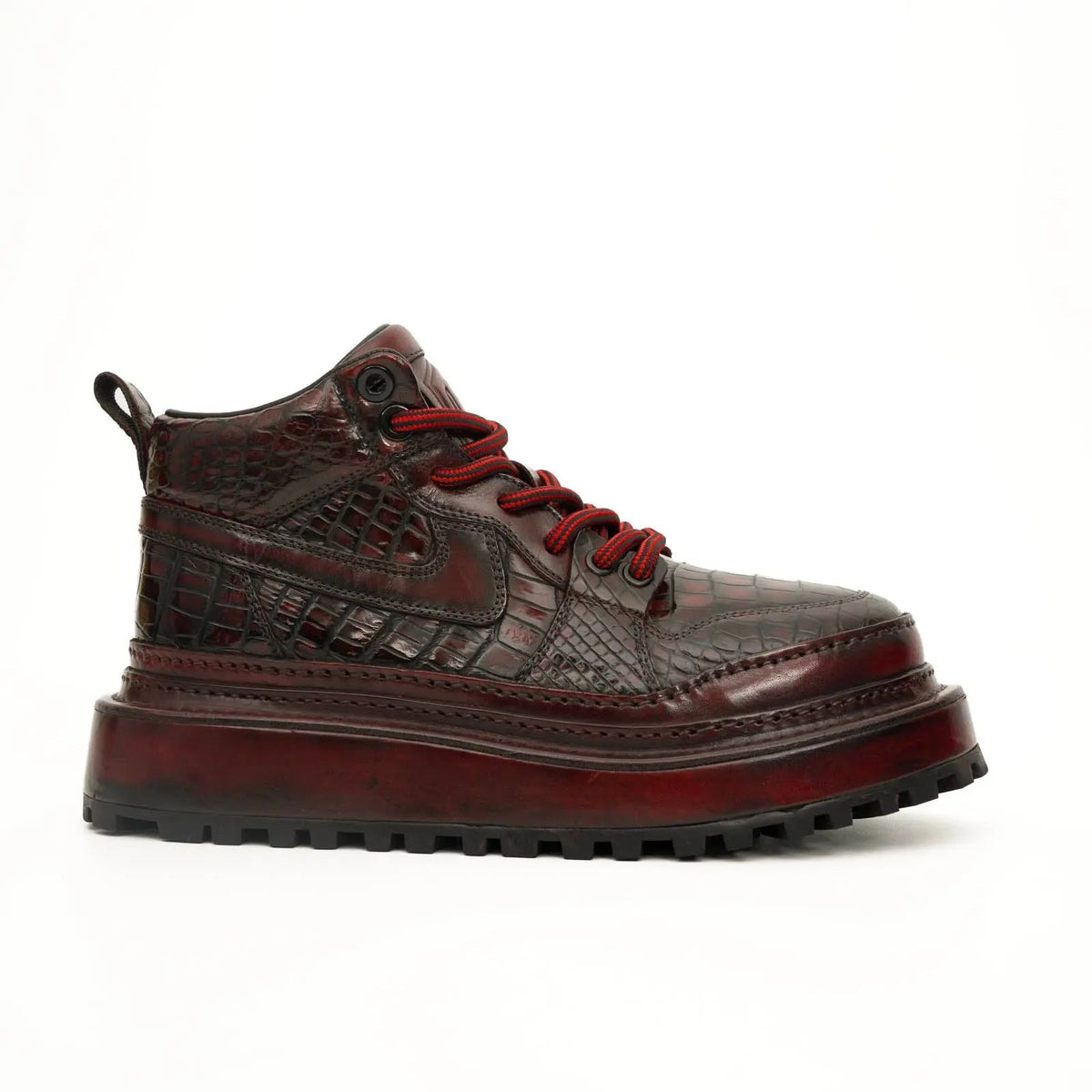 Burgundy Apron-Toe Crocodile Leather Sneakers