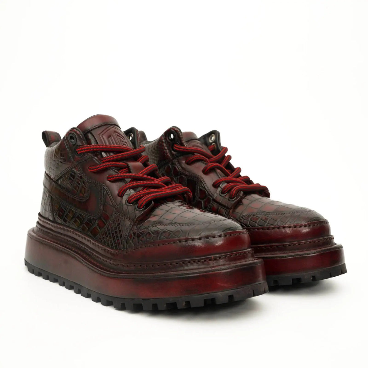 Burgundy Apron-Toe Crocodile Leather Sneakers