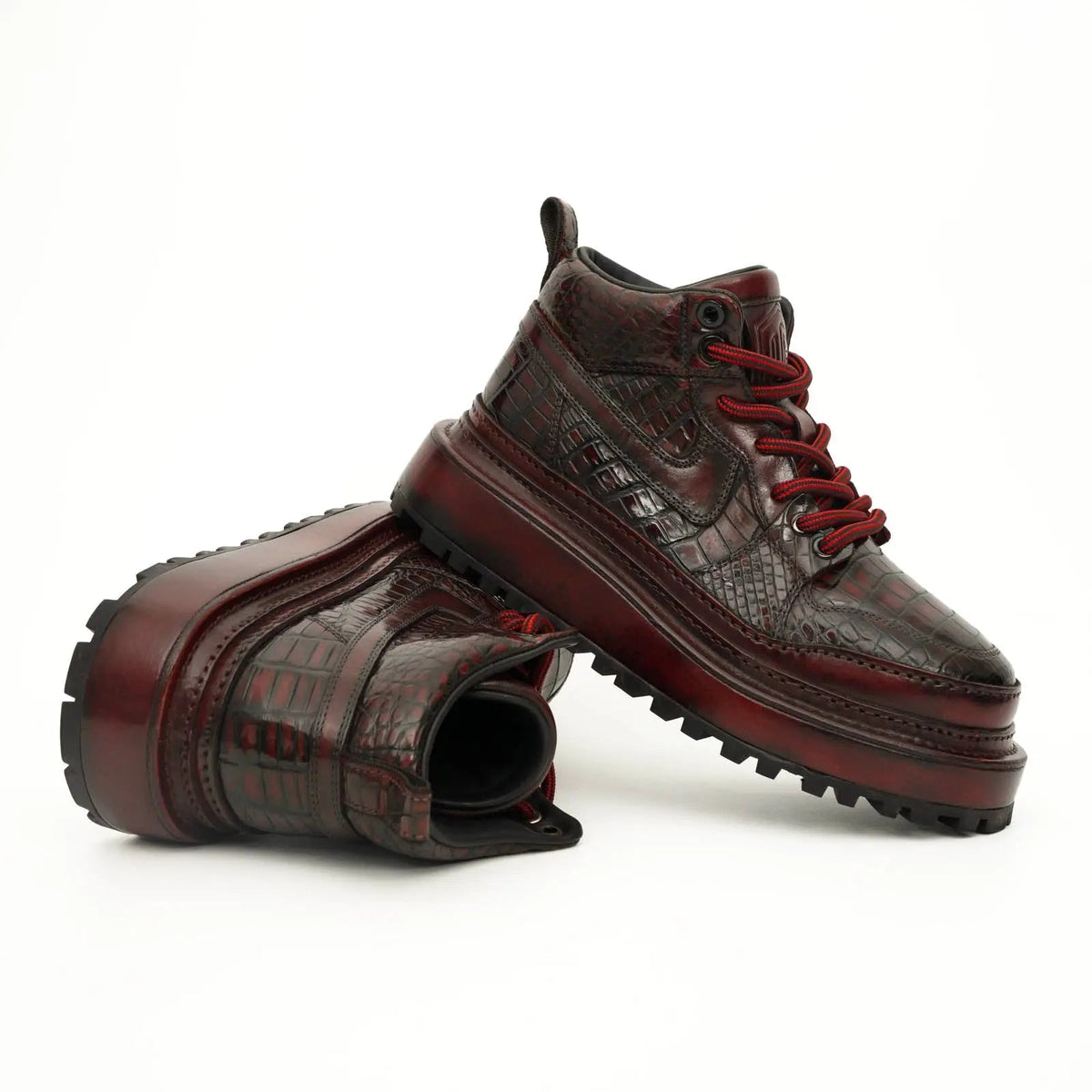 Burgundy Apron-Toe Crocodile Leather Sneakers