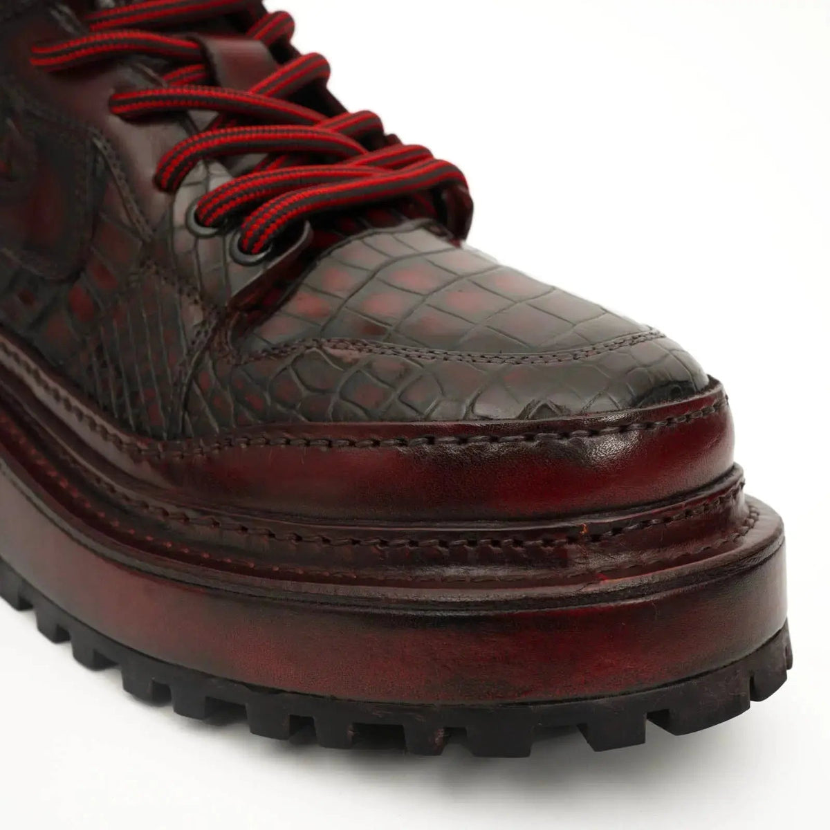 Burgundy Apron-Toe Crocodile Leather Sneakers