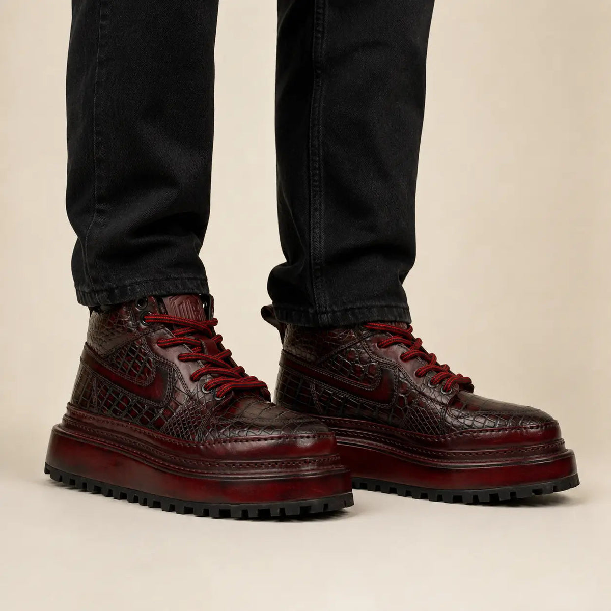 Burgundy Apron-Toe Crocodile Leather Sneakers