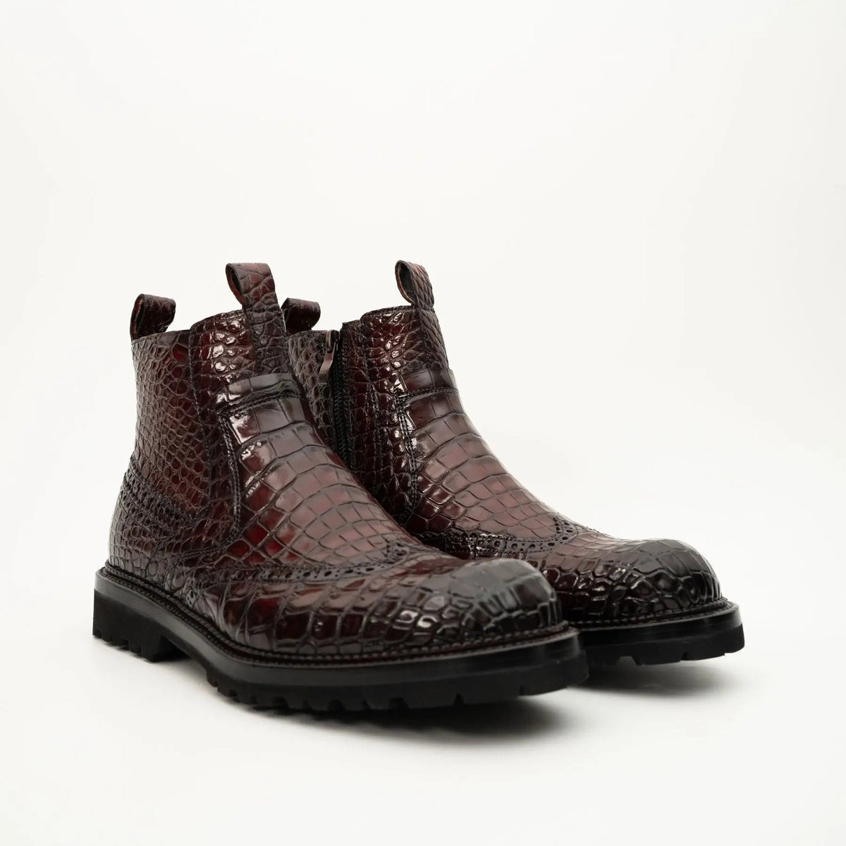Burgundy Plain-Toe Crocodile Leather Chelsea Boots