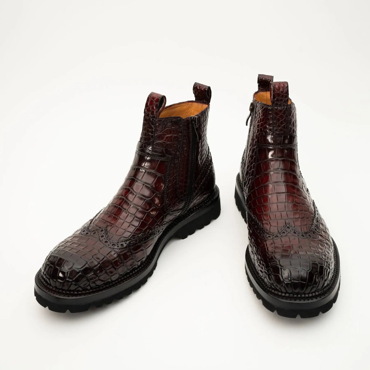 Burgundy Plain-Toe Crocodile Leather Chelsea Boots