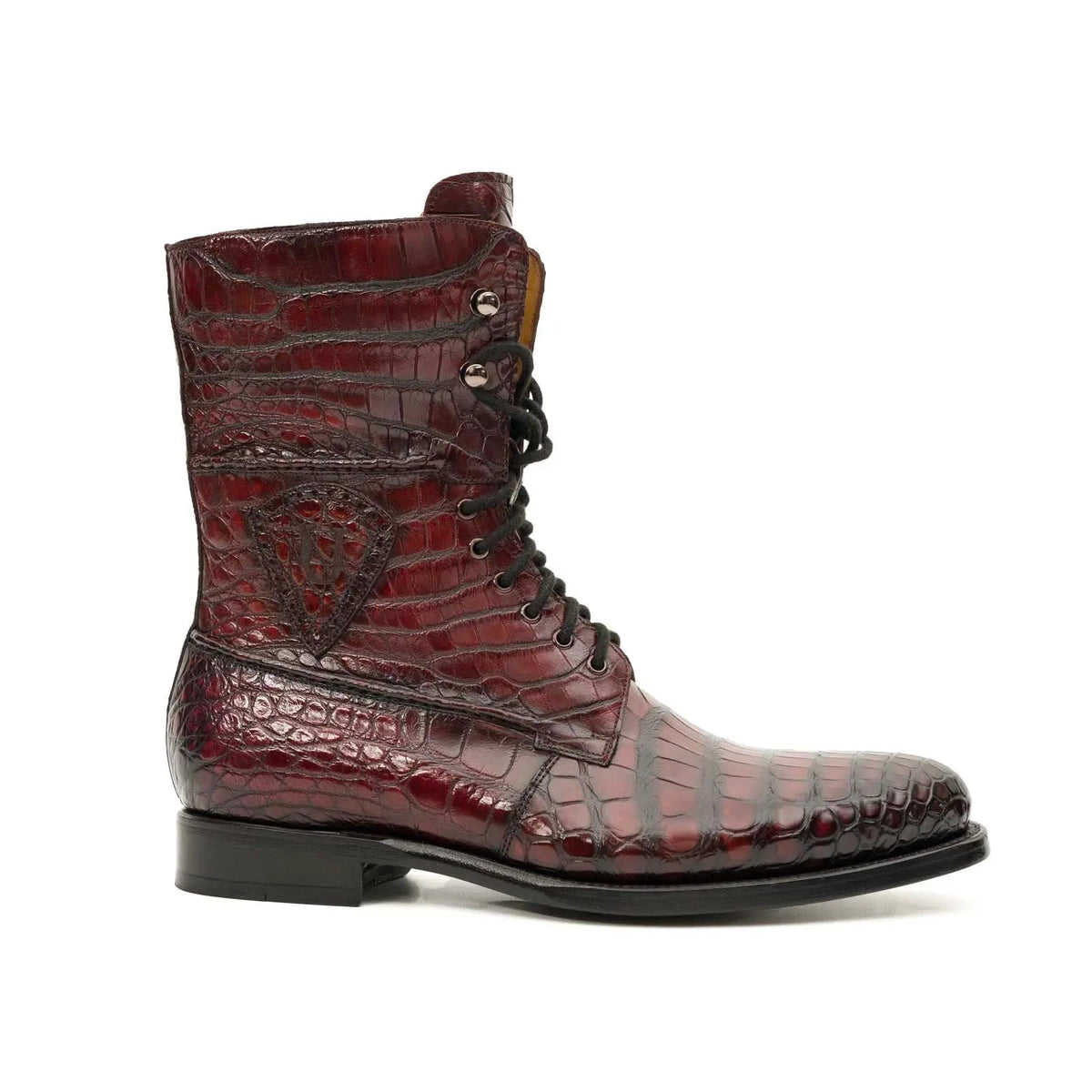 Burgundy Plain-Toe Crocodile Leather Ankle Boots