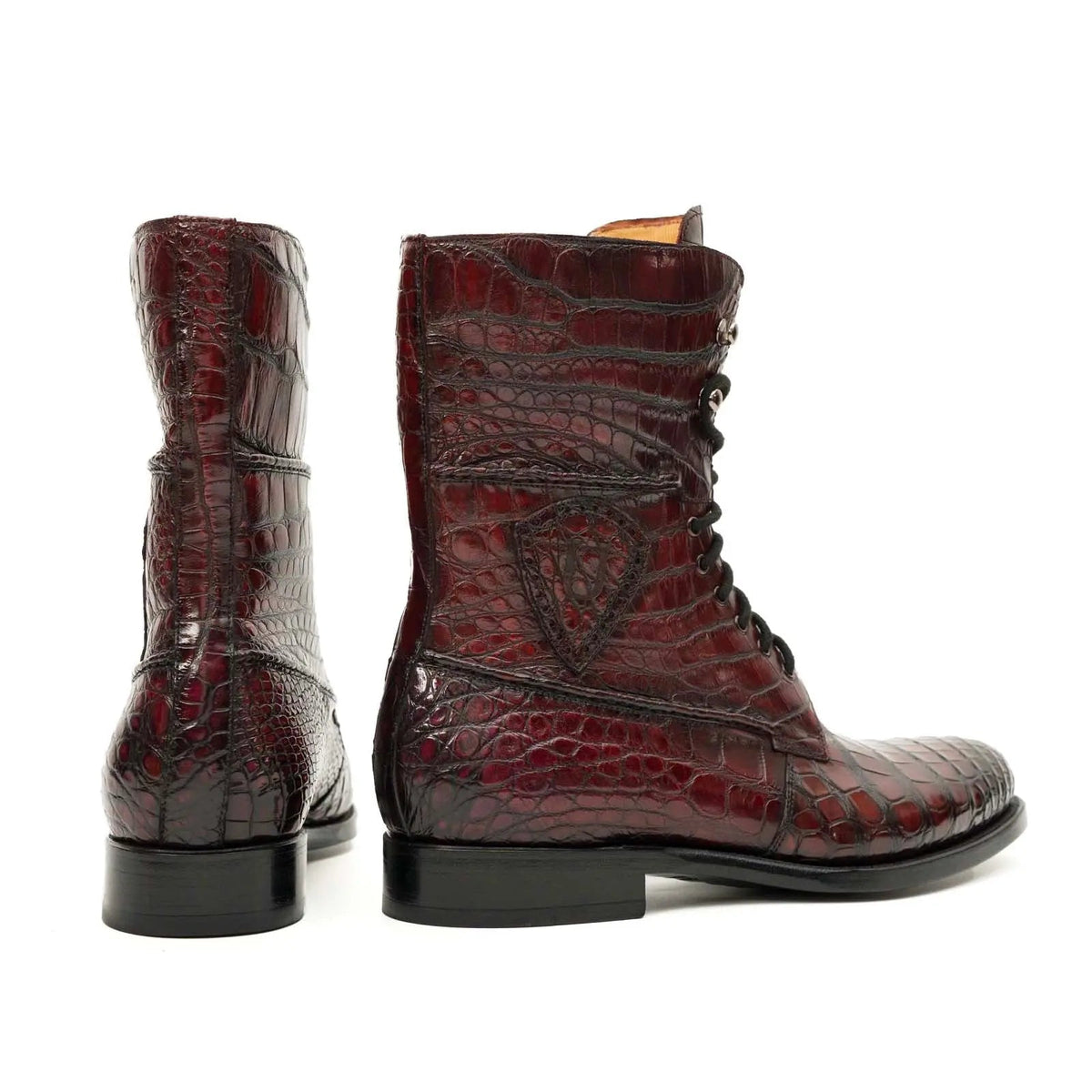 Burgundy Plain-Toe Crocodile Leather Ankle Boots