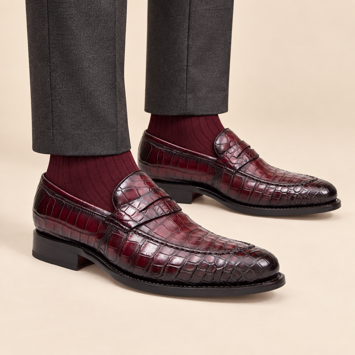 Burgundy Crocodile Leather Apron-Toe Penny Loafers