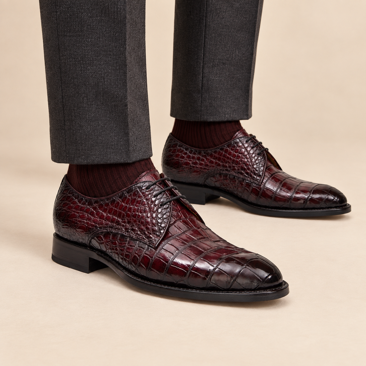 Burgundy Crocodile Leather Derby Shoes