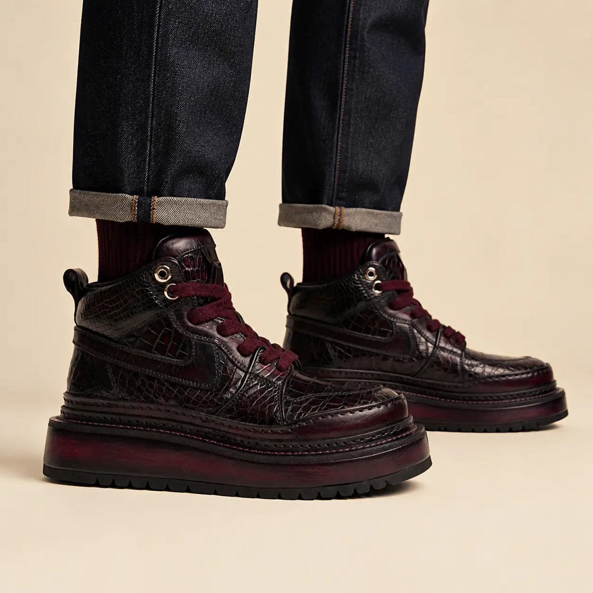 Burgundy Platform Crocodile Leather Sneakers