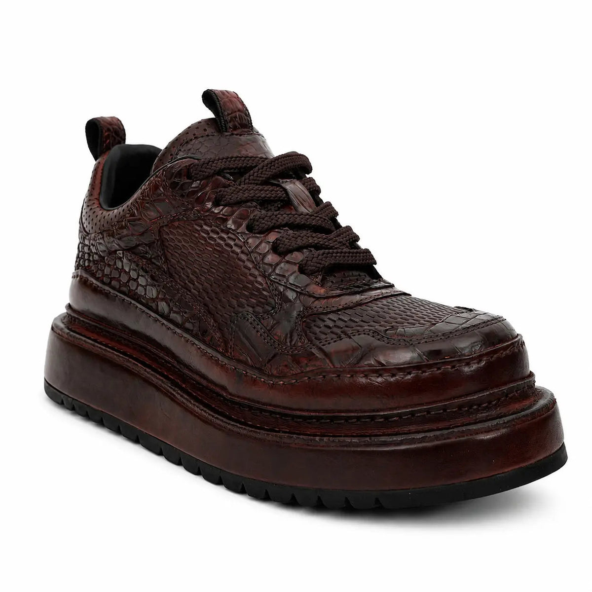 Burgundy Platform Crocodile Leather Sneakers
