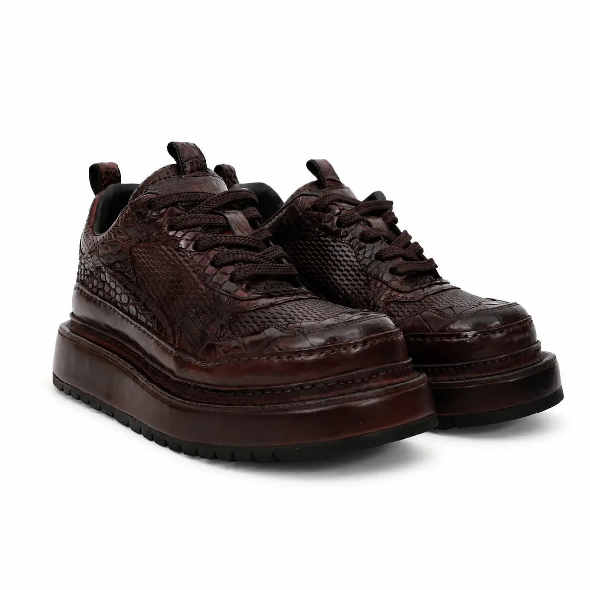 Burgundy Platform Crocodile Leather Sneakers