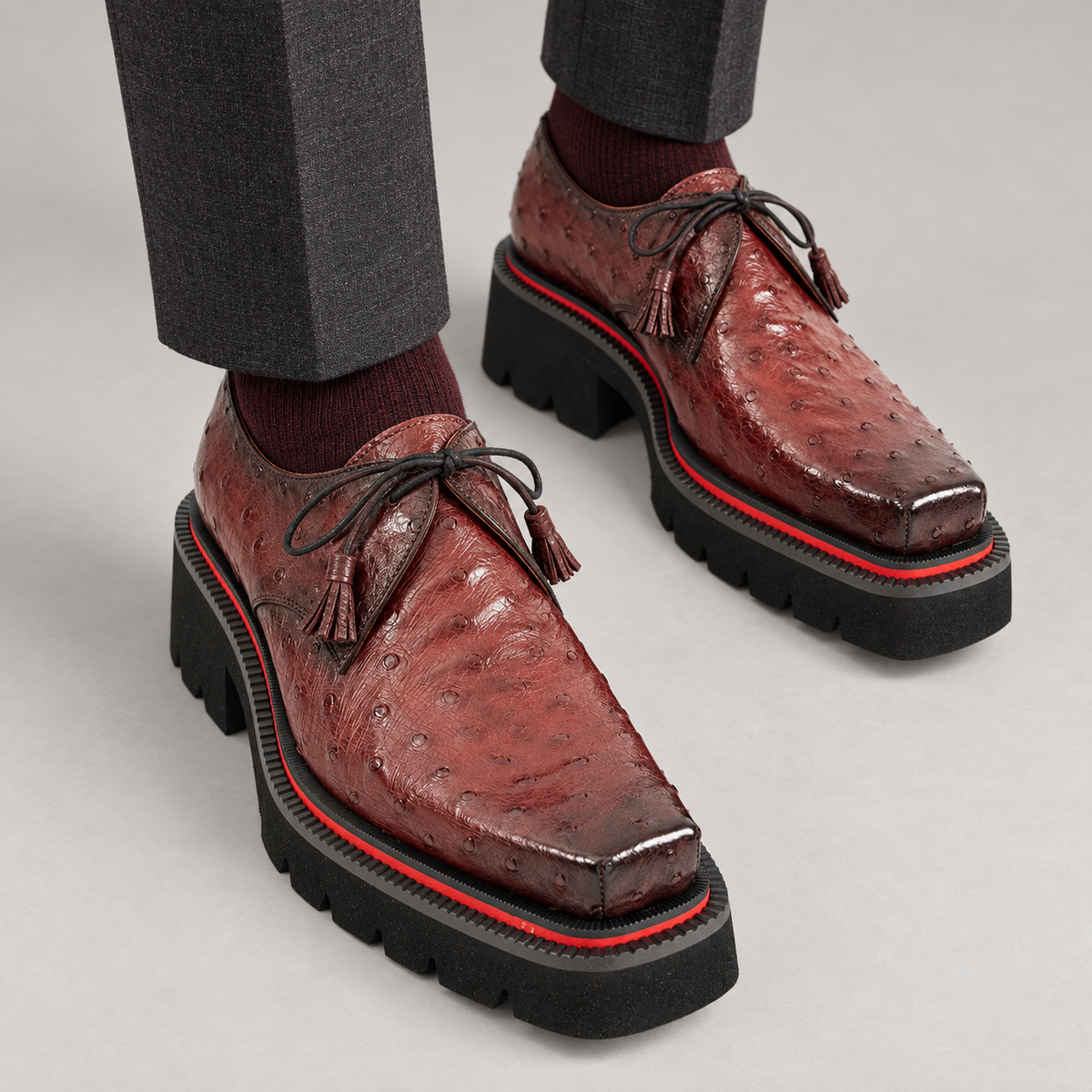 Burgundy Ostrich Leather Derby Shoes