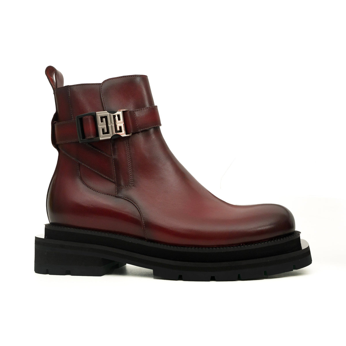 Burgundy Plain-Toe Calf Leather Buckle Ankle Boots