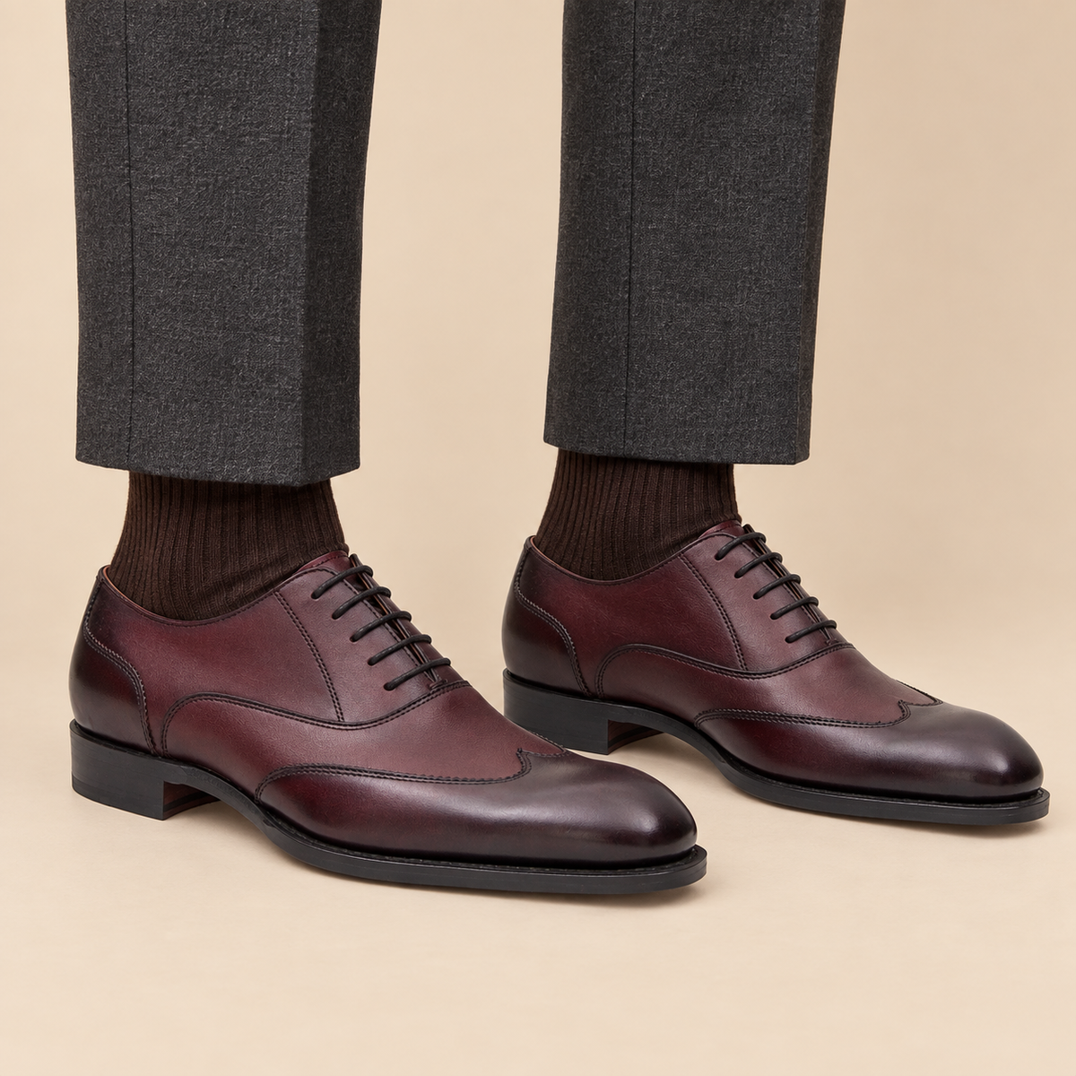 Burgundy Wingtip Cow Leather Oxford Shoes