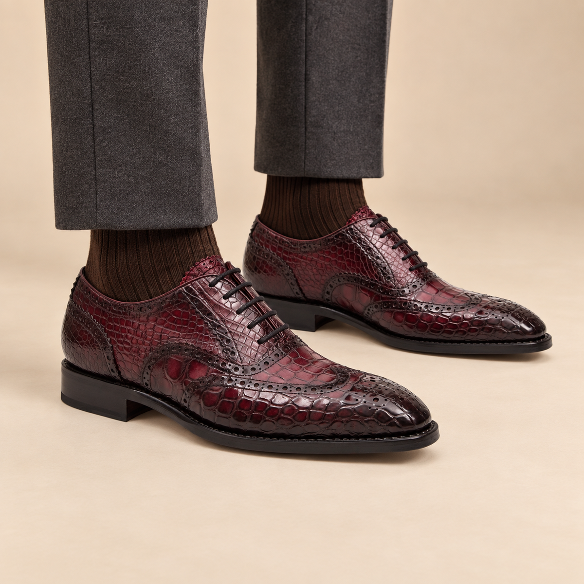 Burgundy Wingtip Crocodile Leather Oxford Shoes
