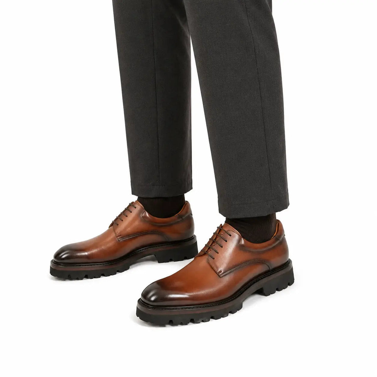 Brown Plain-Toe Calf Leather Derby Shoes
