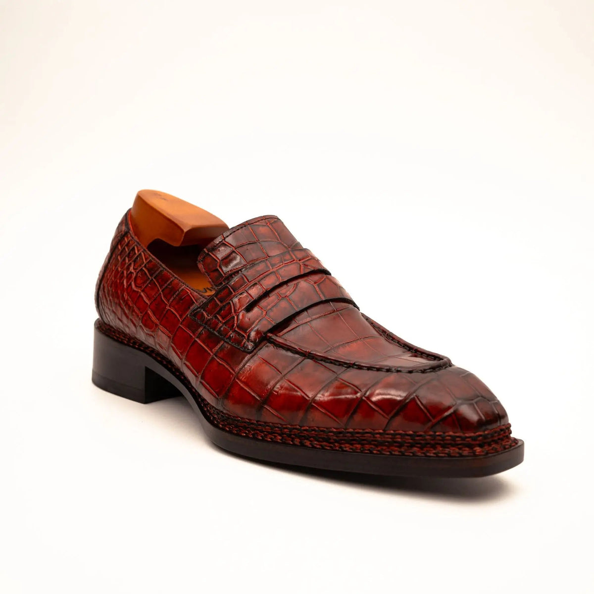 Red Apron-Toe Crocodile Leather Loafers