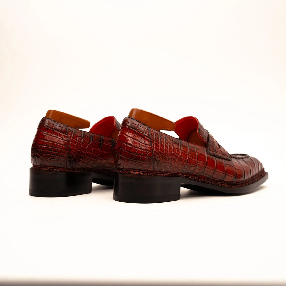 Red Apron-Toe Crocodile Leather Loafers