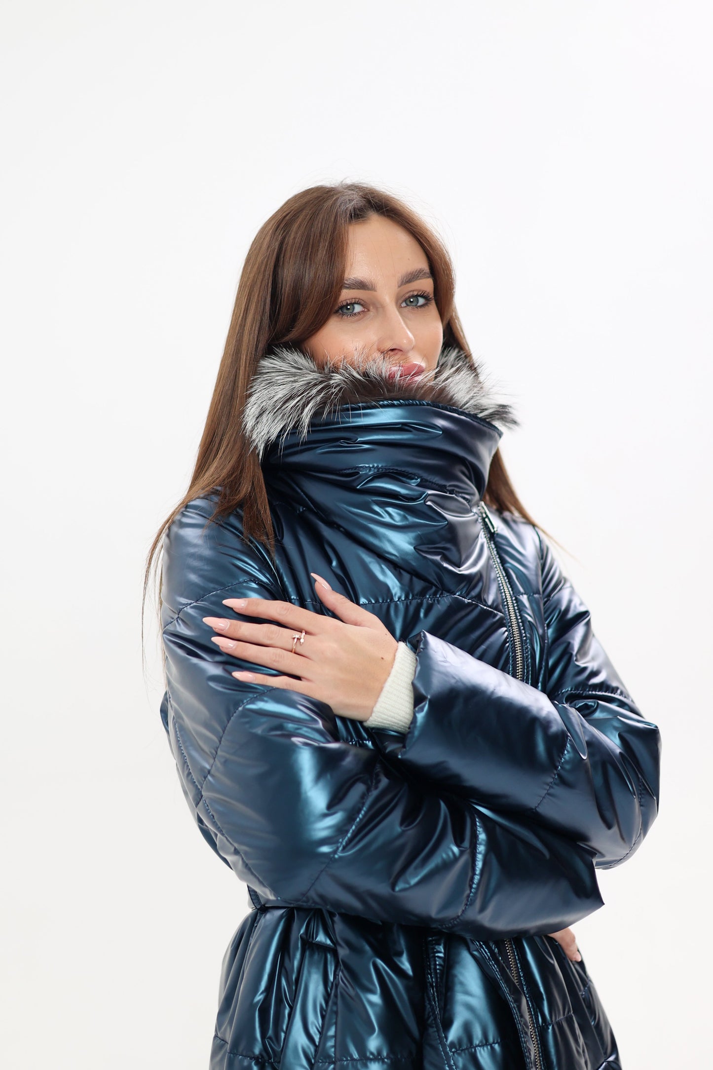 Abrigo de piel auténtica de zorro plateado con Comfortemp® de Freudenberg