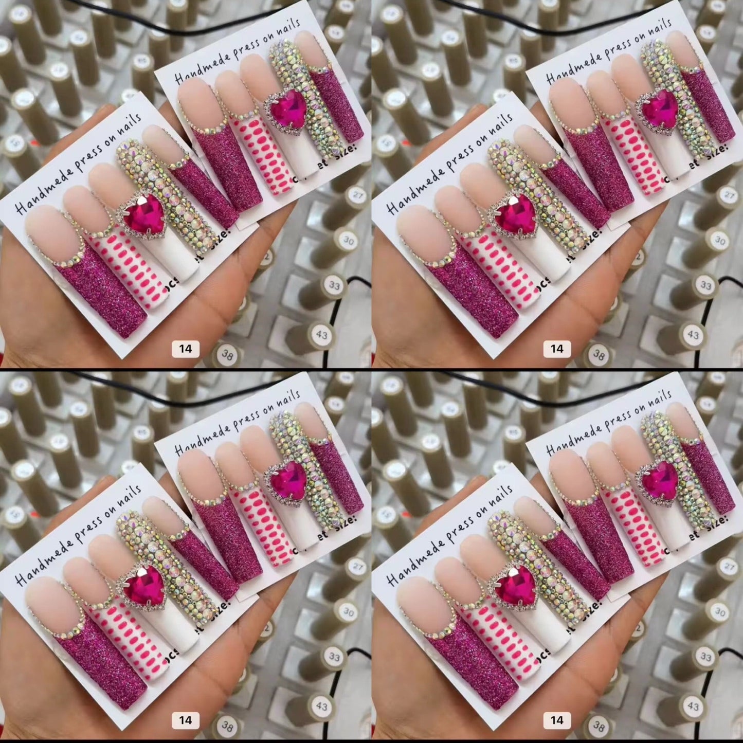Pink long crystal press on nails