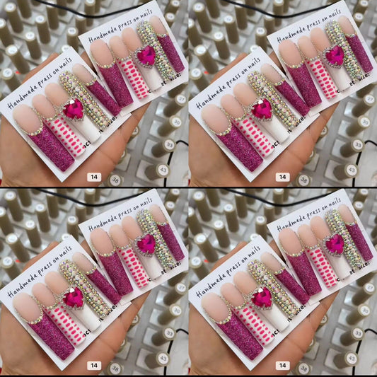 Pink long crystal press on nails
