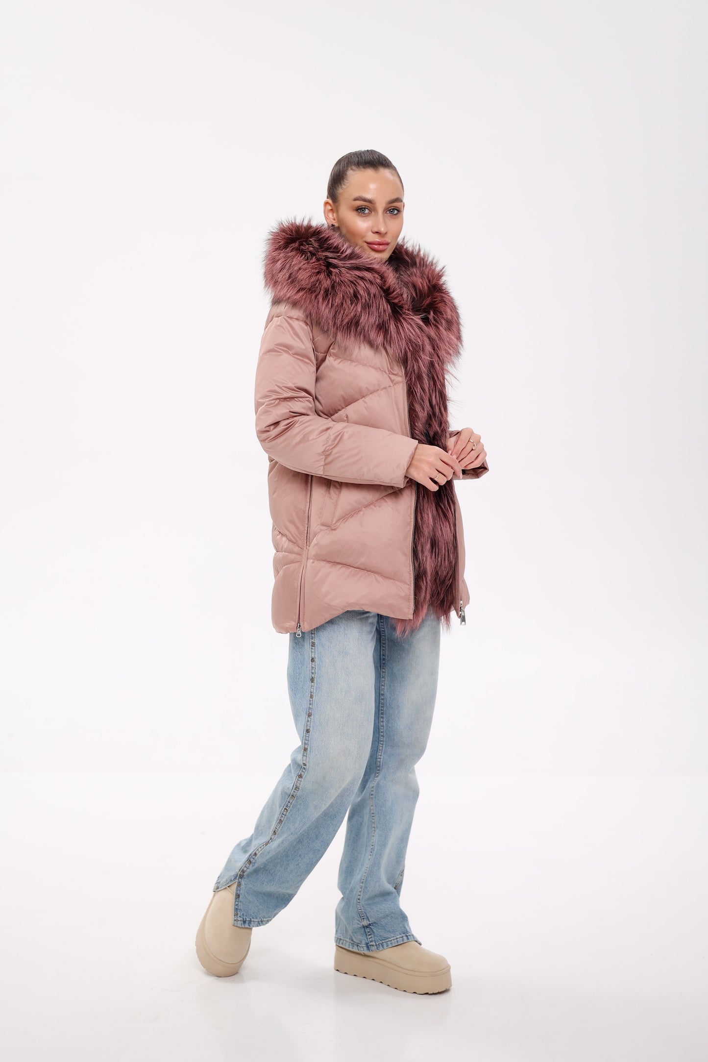 Parka de plumas con ribete de auténtica piel de zorro plateado