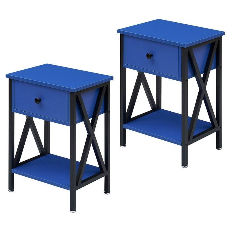 Juego de 2 – Mesitas de noche de 1 cajón en azul oscuro y negro