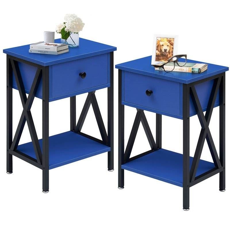 Juego de 2 – Mesitas de noche de 1 cajón en azul oscuro y negro