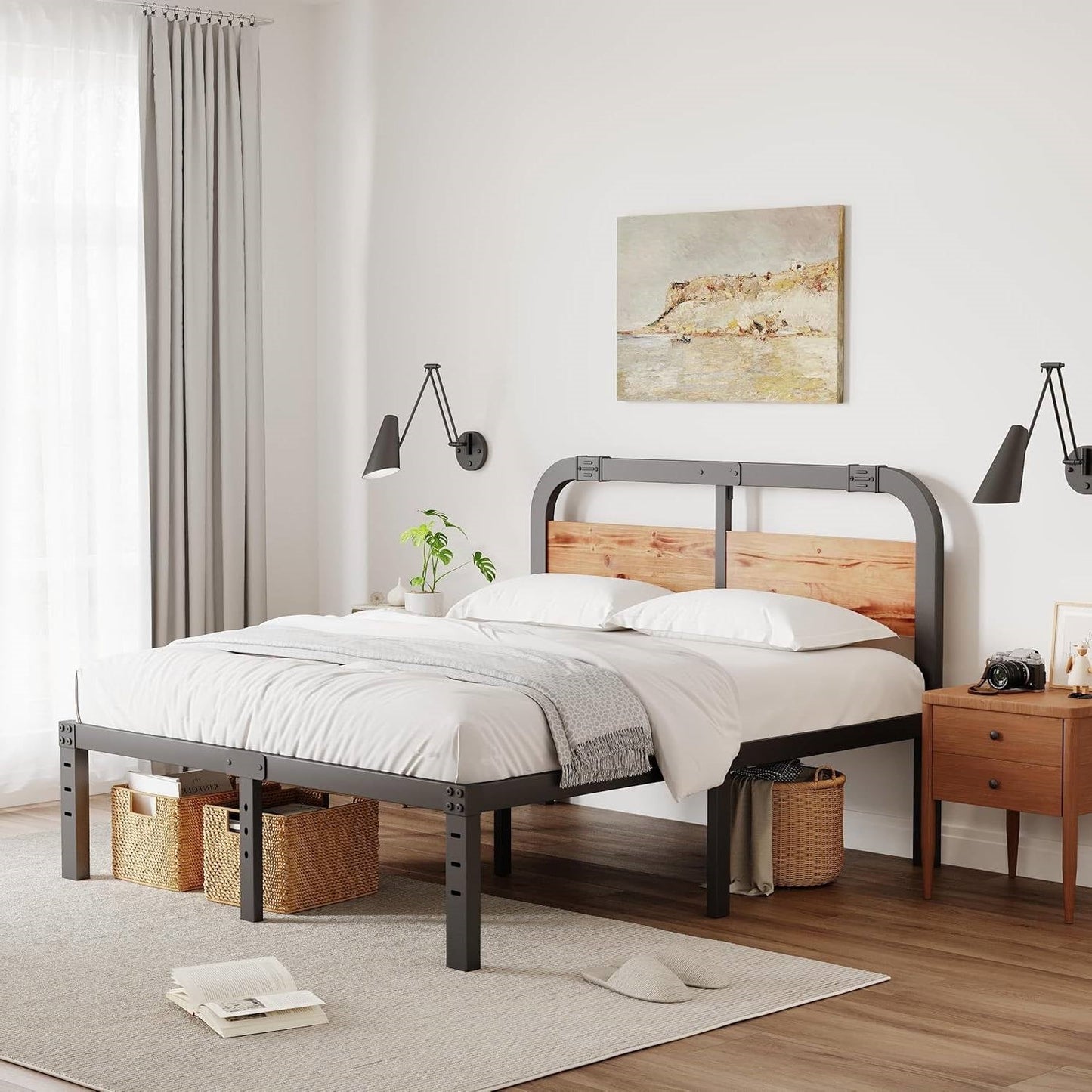 Armazón de cama de metal negro de alta resistencia tamaño California King con cabecero de panel de madera